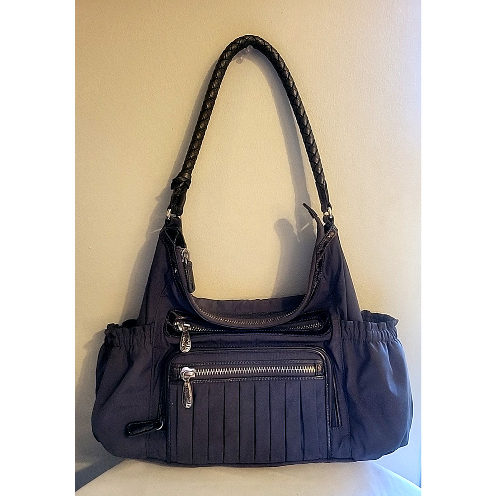 Vintage Brighton Gray Nylon Shoulder Bag Hobo Brown Leather Trim Braided Handle